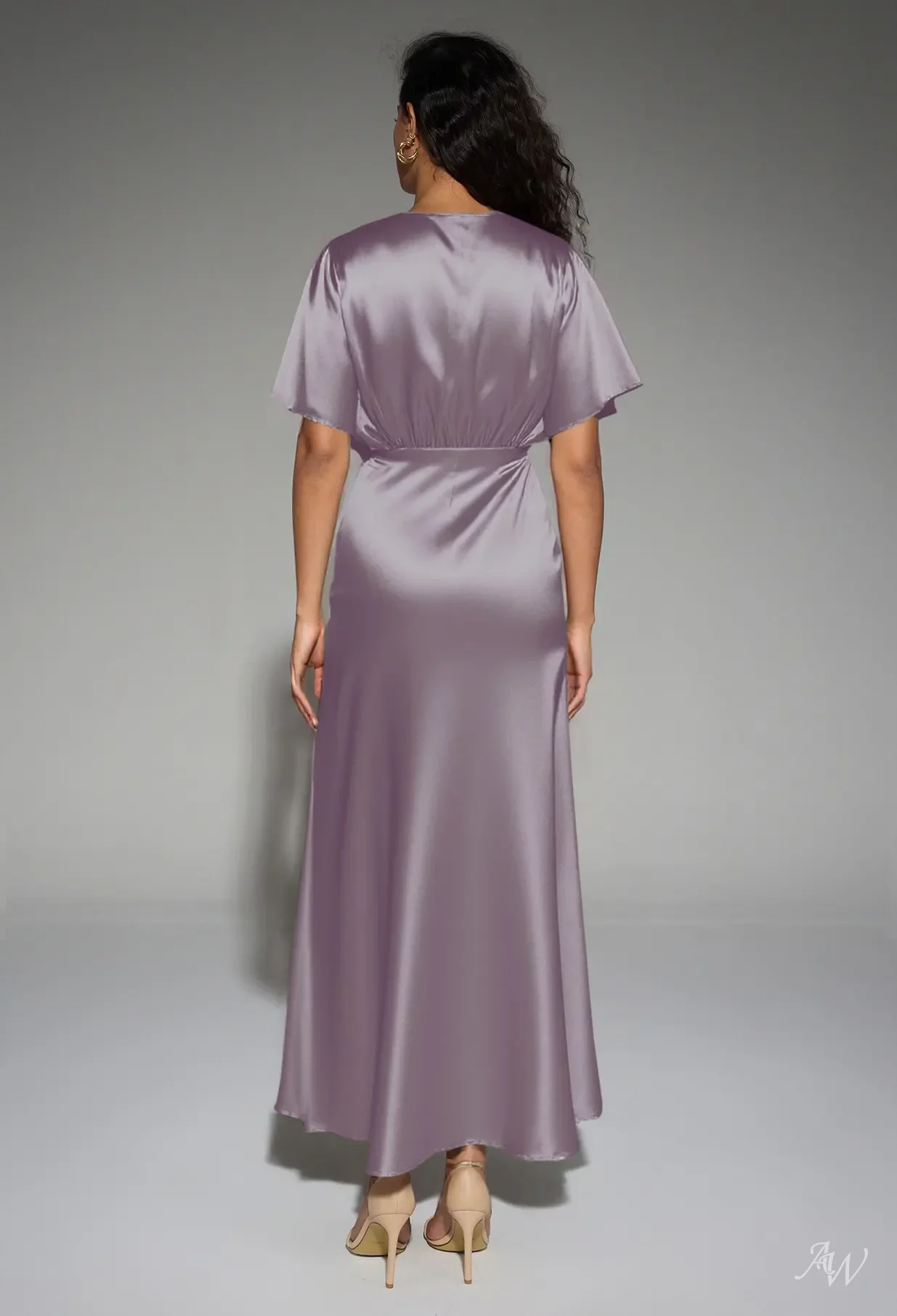 AW Valeria Dress, Pearl Pink Satin Charmeuse Ankle Length V-Neck